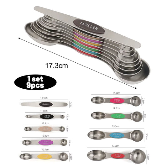 9Pcs Magnetic Measuring Spoons Set Stainless Steel Leveler Dual Sided Seasoning Spice Scale Double Head Scoops Kitchen Gadgets